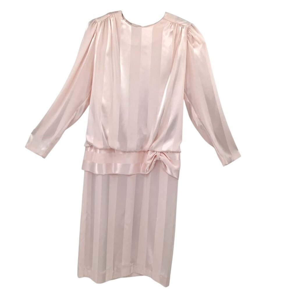 Alexis Women's Pink 11/12 Satin Stripe Blouson Puffed Shoulder Dress 80’s Vtg - Picture 1 of 9